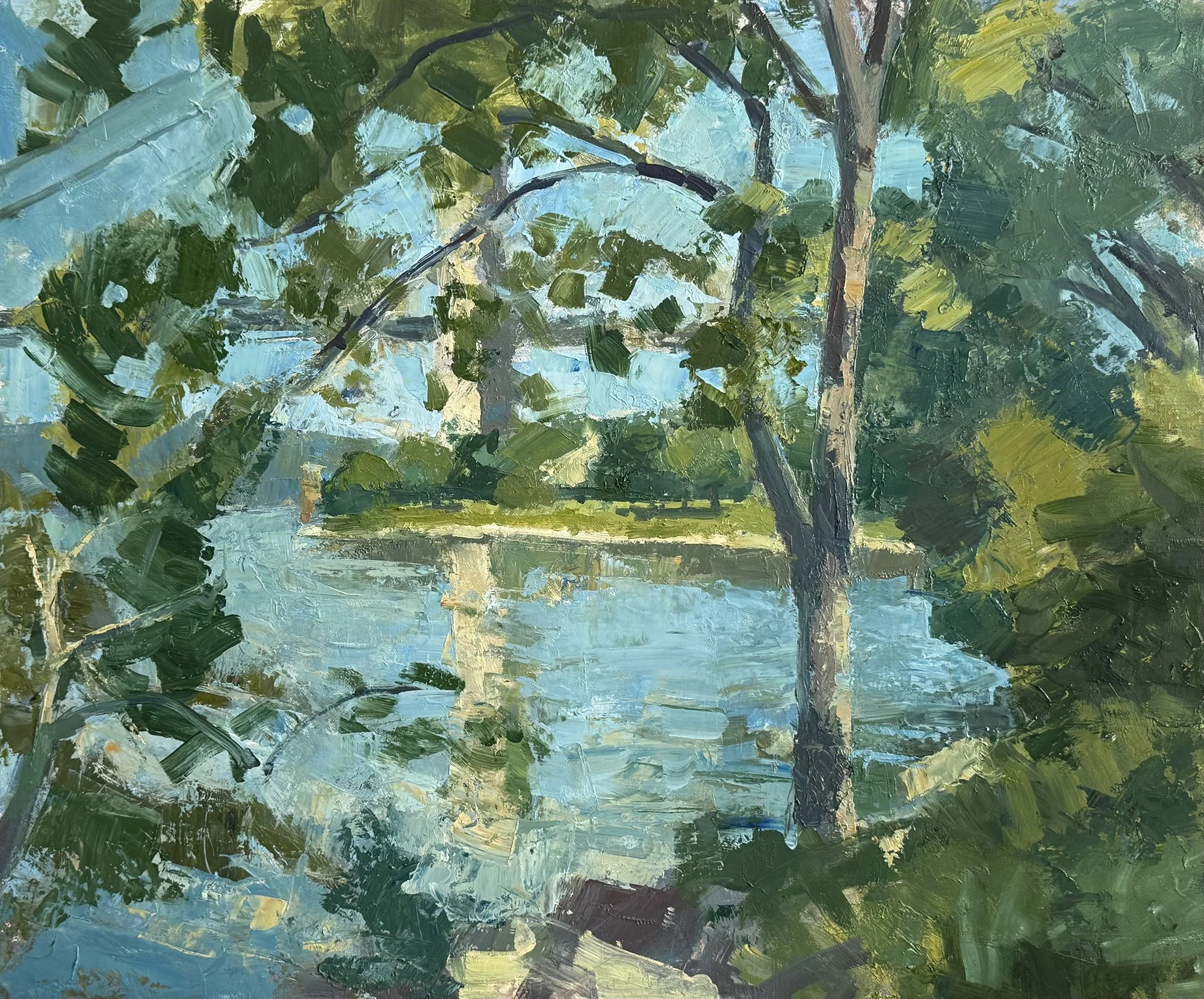 GW Bridge Reflections and Rocky Shore, 20" X 24", Oil on Canvas