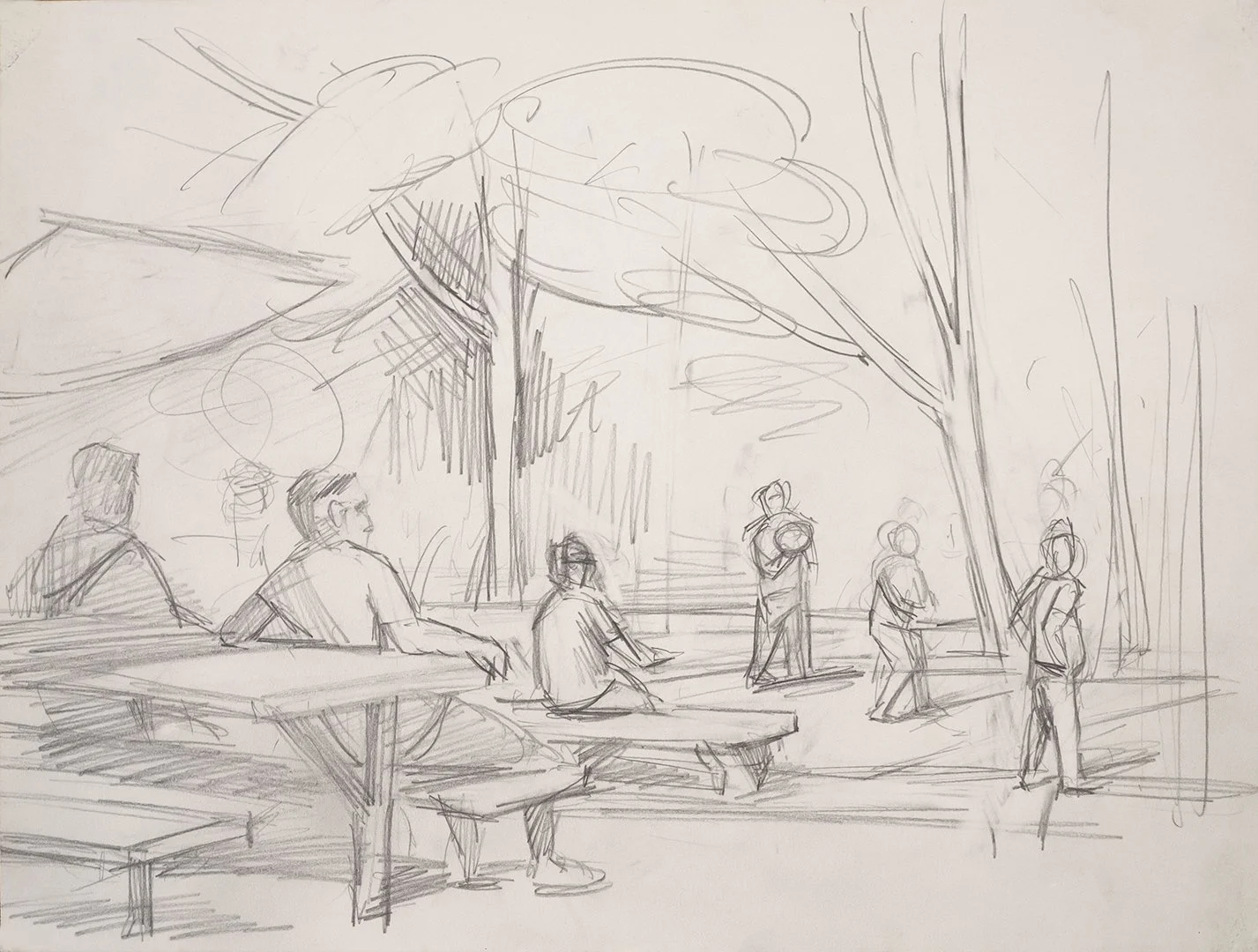  Spectators and Volleyball Players, 9" x 12", Pencil on Paper