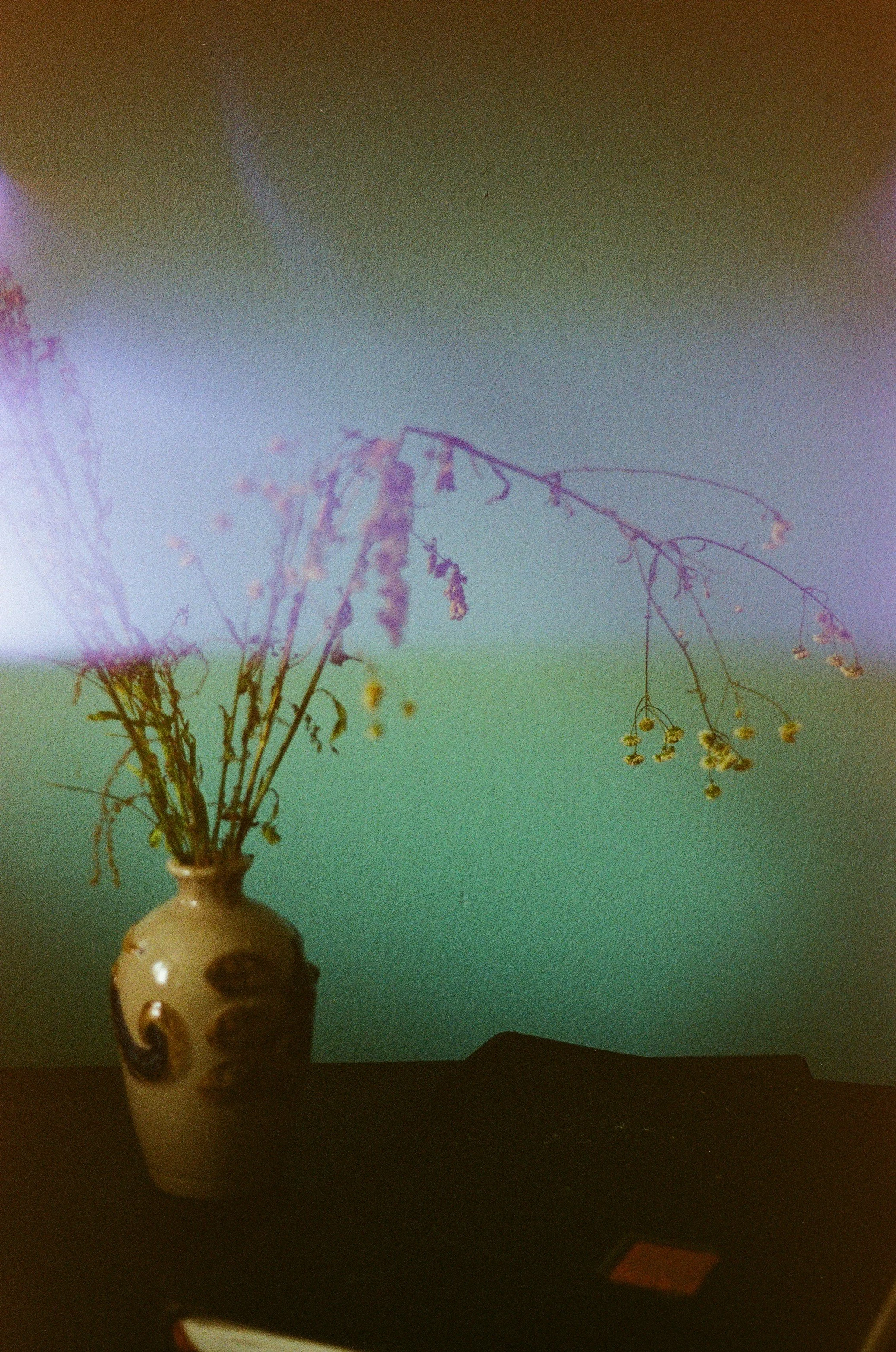 A ceramic vase with swirling patterns contains dried flowers, placed on a dark surface against a gradient green background.