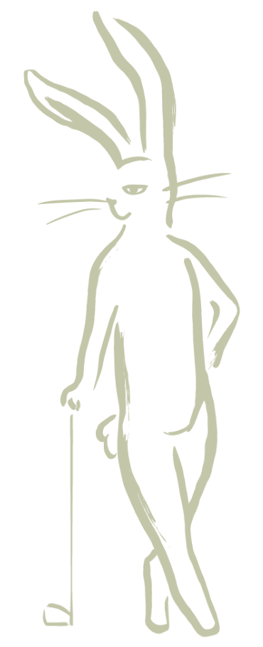Stylized illustration of a humanoid rabbit with long ears, holding a cane, standing with one hand on its hip.