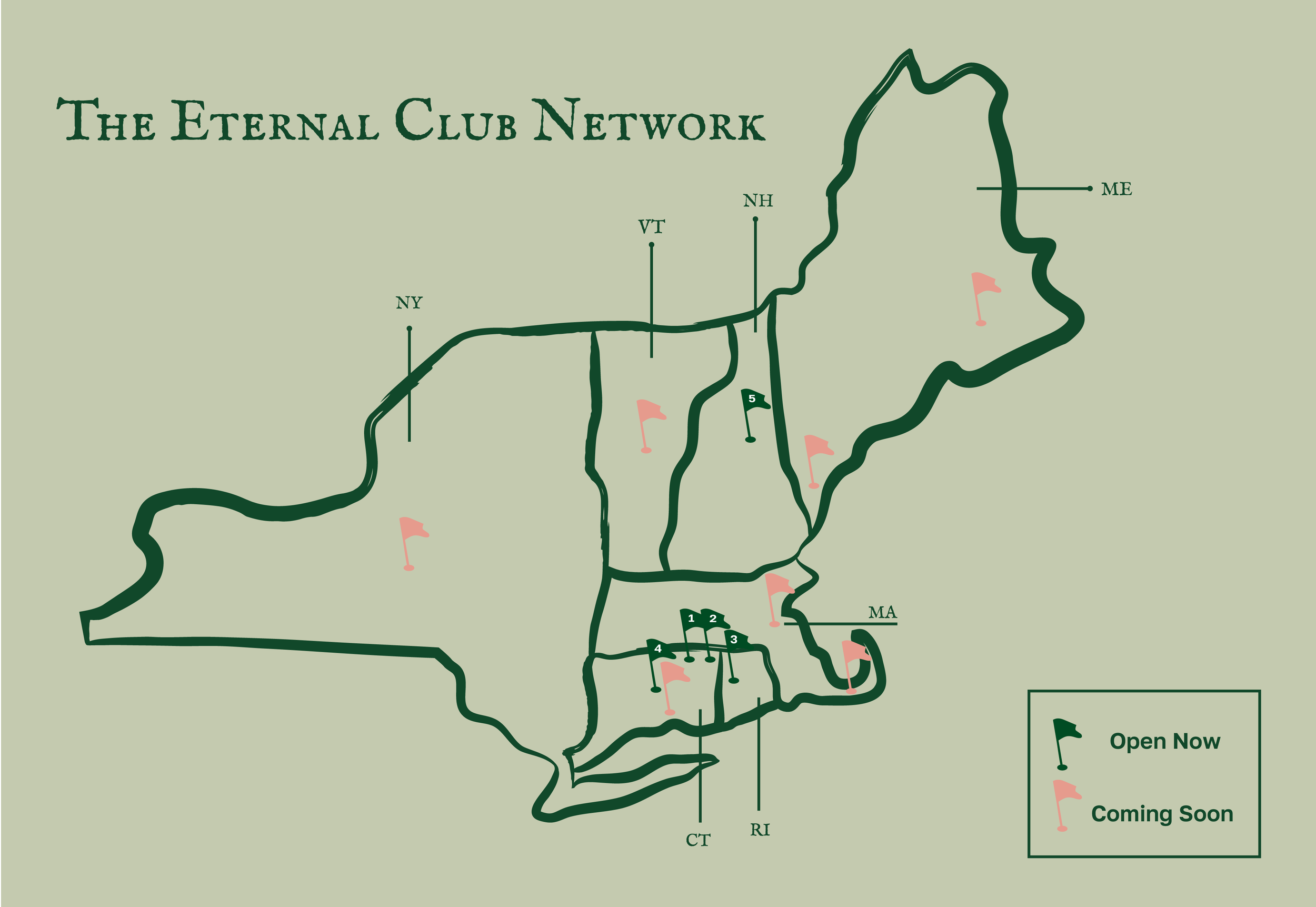 Map of the United States labeled "The Eternal Club Network" showing states with golf courses, marked with red flags, and some states with text "Open Now" or "Coming Soon."