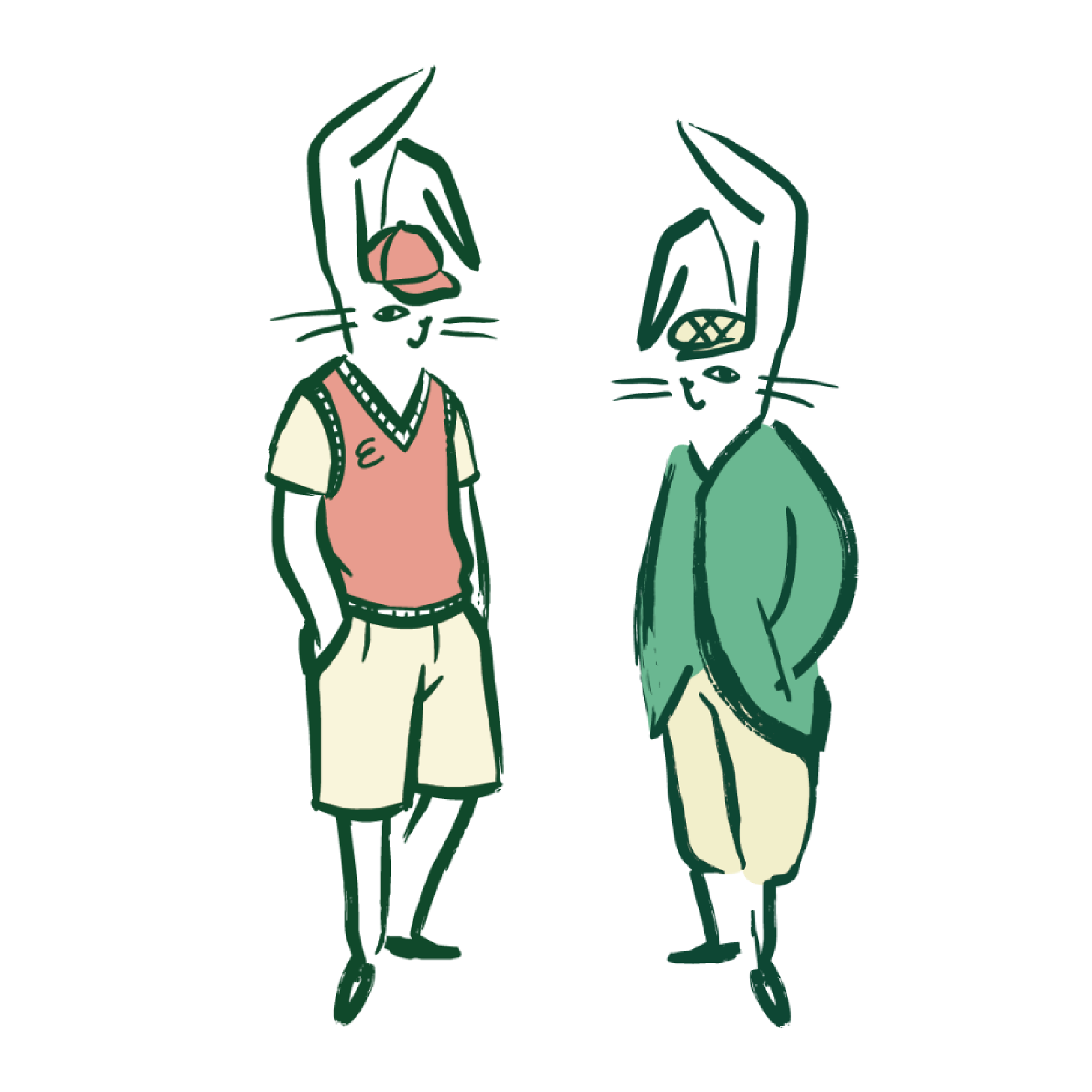 Line drawing of two anthropomorphic cats standing and facing each other, one wearing a pink vest and the other a green jacket, in a simple art style with minimal detail.