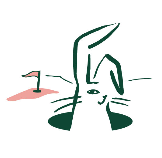 A minimalist illustration of a golf course hole with a flag, a golf ball, and a rabbit emerging from a hole, depicted in black, pink, and green colors.