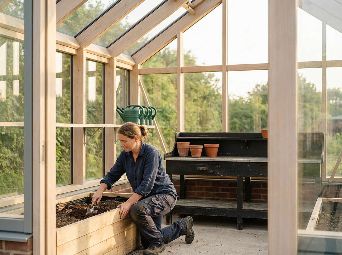 Woman gardening inside a greenhouse, planting soil in a wooden planter box.