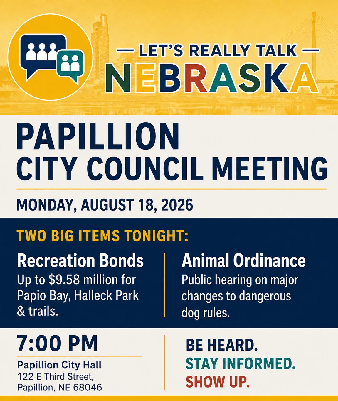 Papillion City Council to Consider $9.58M Recreation Bonds, Animal Ordinance Changes Tonight