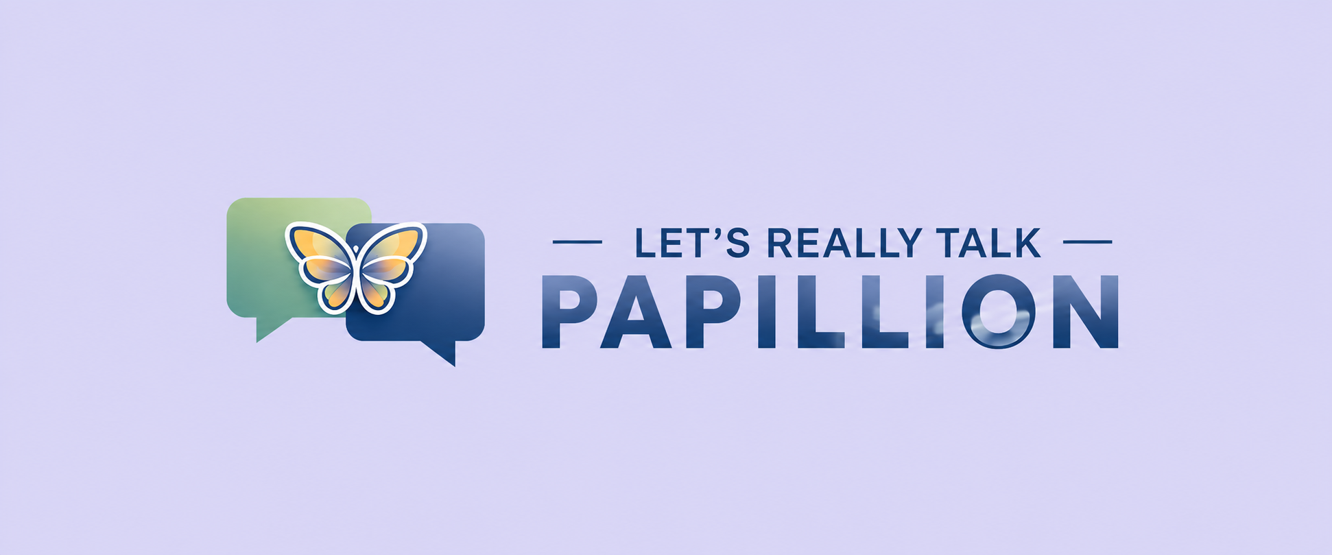 Logo for 'Let's Really Talk Papillon' featuring two speech bubbles, one green and one blue, with a butterfly in the center.