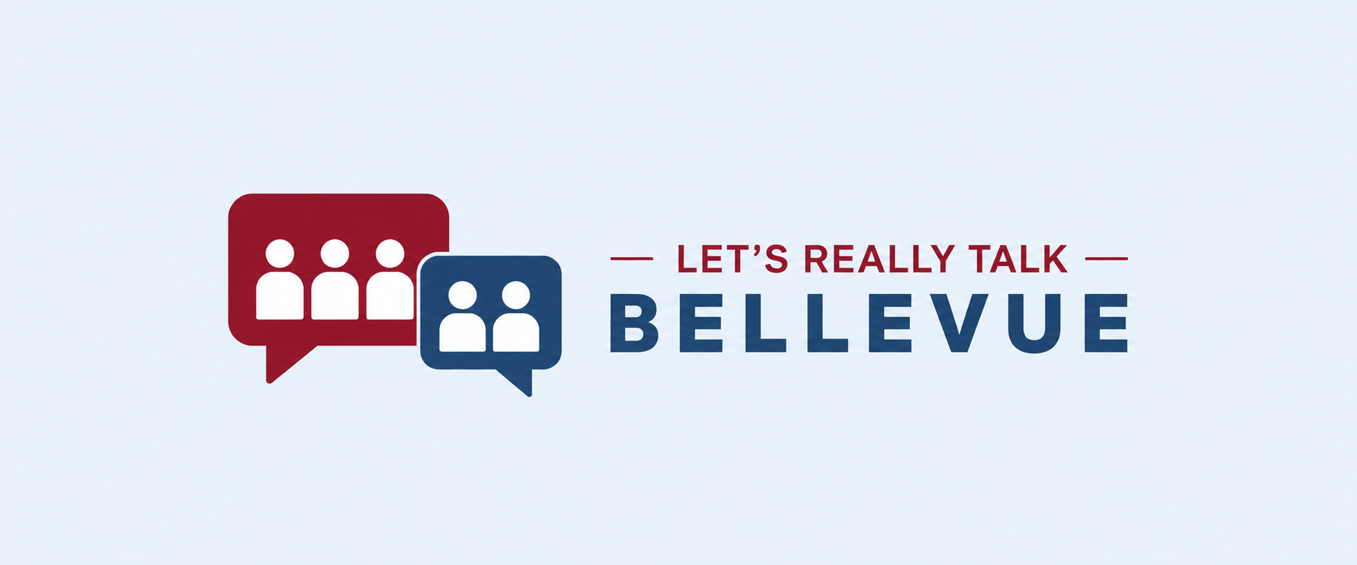 Graphic with two speech bubbles containing person icons, alongside text that reads "Let's Really Talk Bellevue."