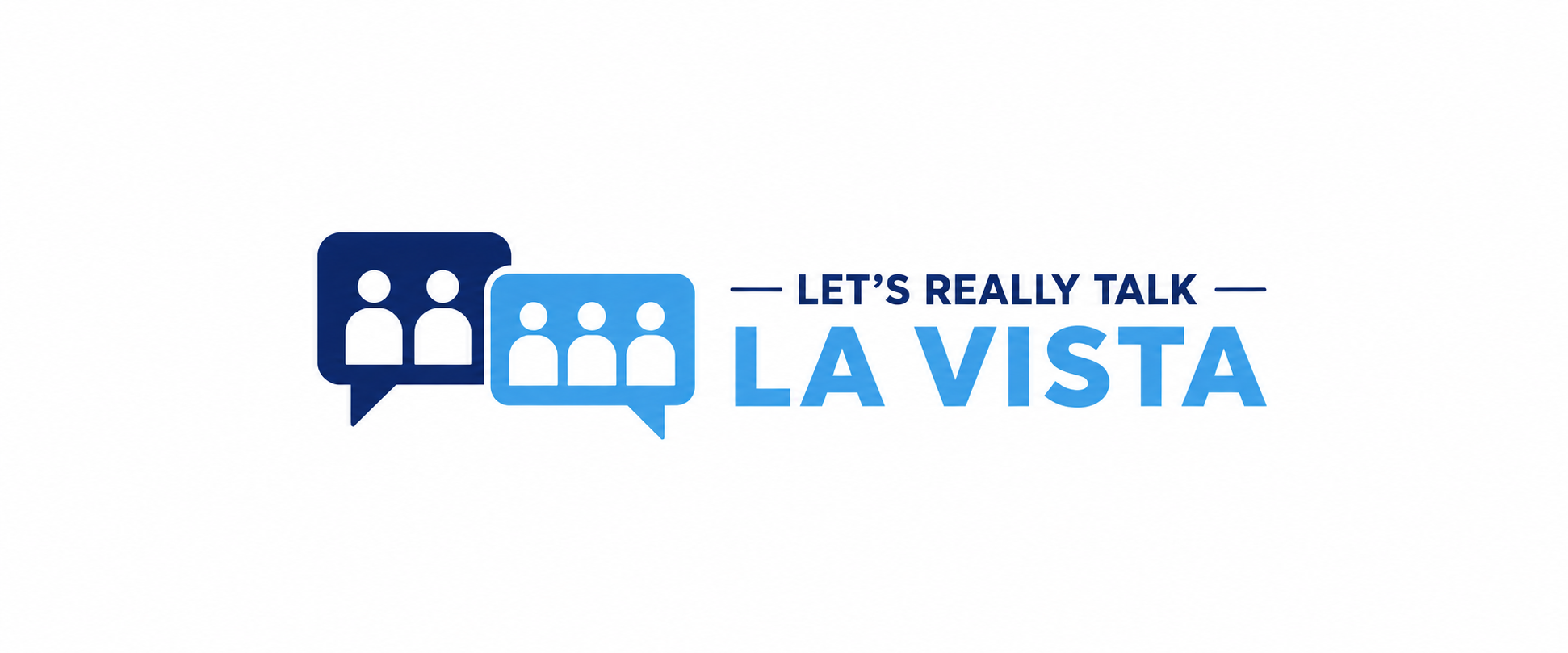 Logo with two chat bubbles containing three human figures each, with the text "Let's Really Talk La Vista" in blue and navy.