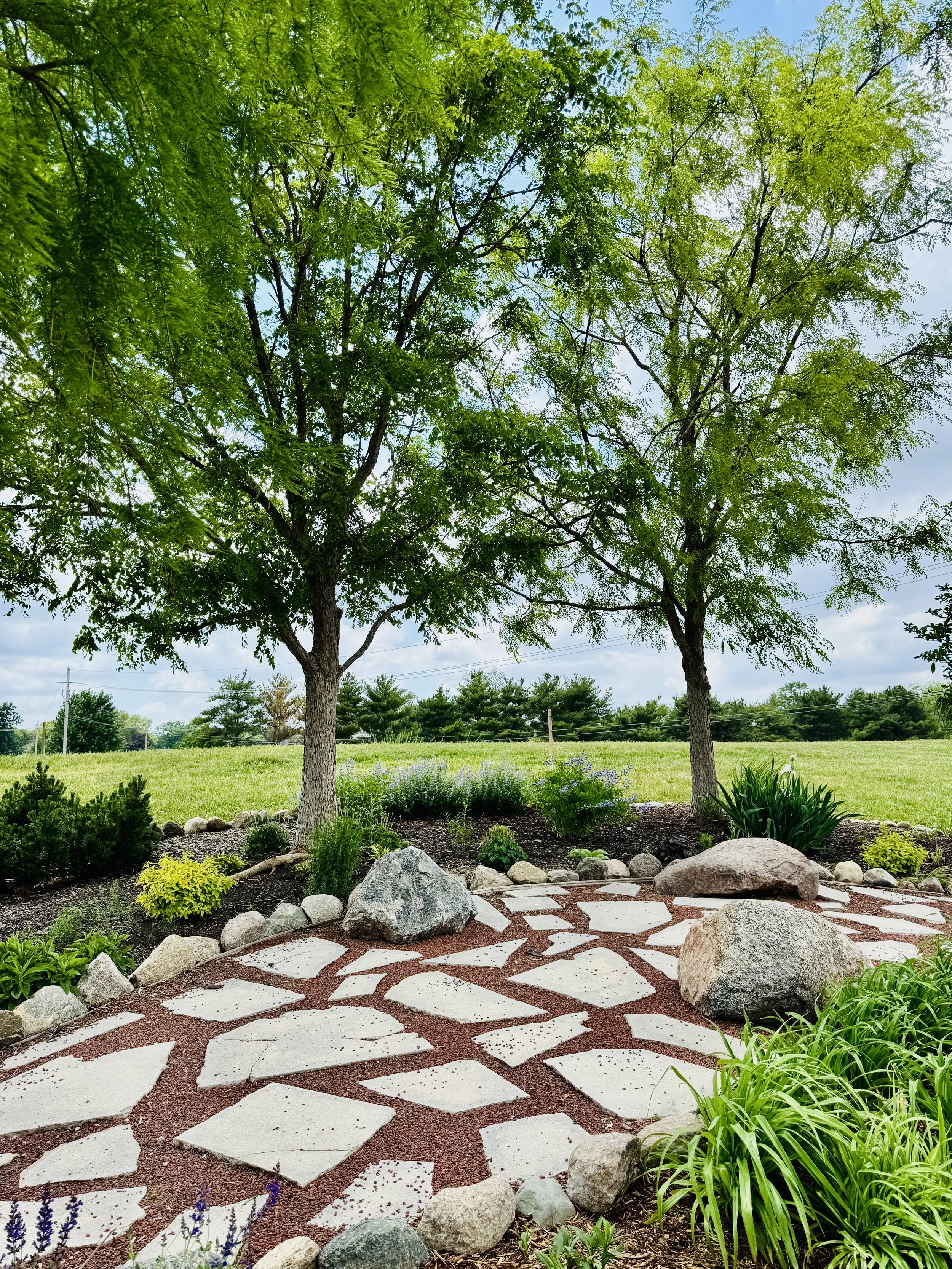 Two trees with green leaves stand beside a stone and brick garden path, with a lawn and trees in the background on a partly cloudy sky day.