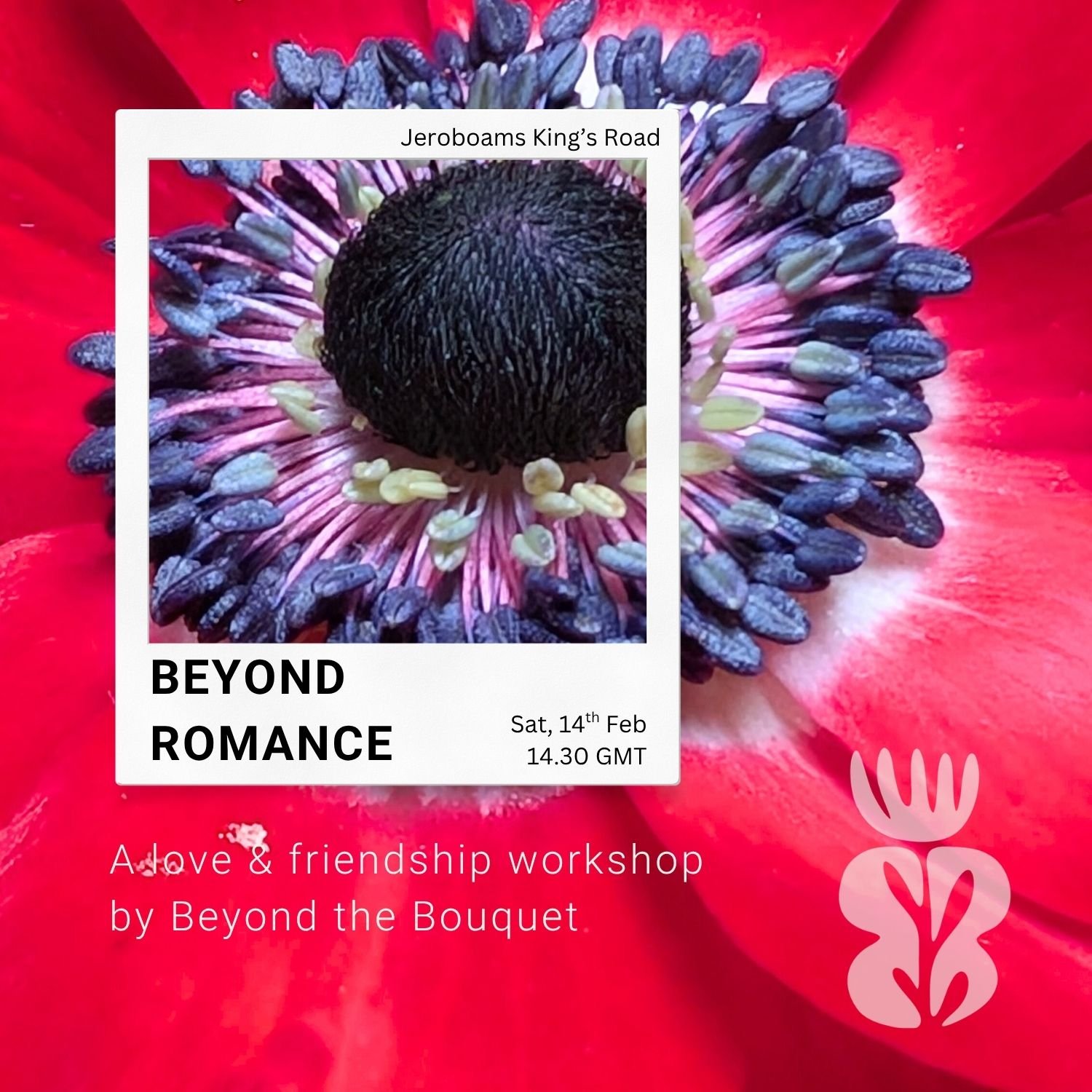 Close-up of a vibrant red poppy flower with black and purple center and delicate petals. Overlayed is a flyer for an event titled 'Beyond Romance' hosted by Beyond the Bouquet, scheduled for Saturday, February 14th at 2:30 PM GMT, with a love and friendship workshop.
