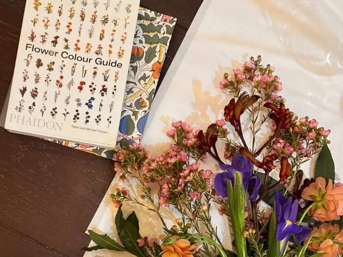 A bouquet of pink, purple, and orange flowers resting on decorative wrapping paper. A flower color guide and patterned papers are nearby on a wooden surface.