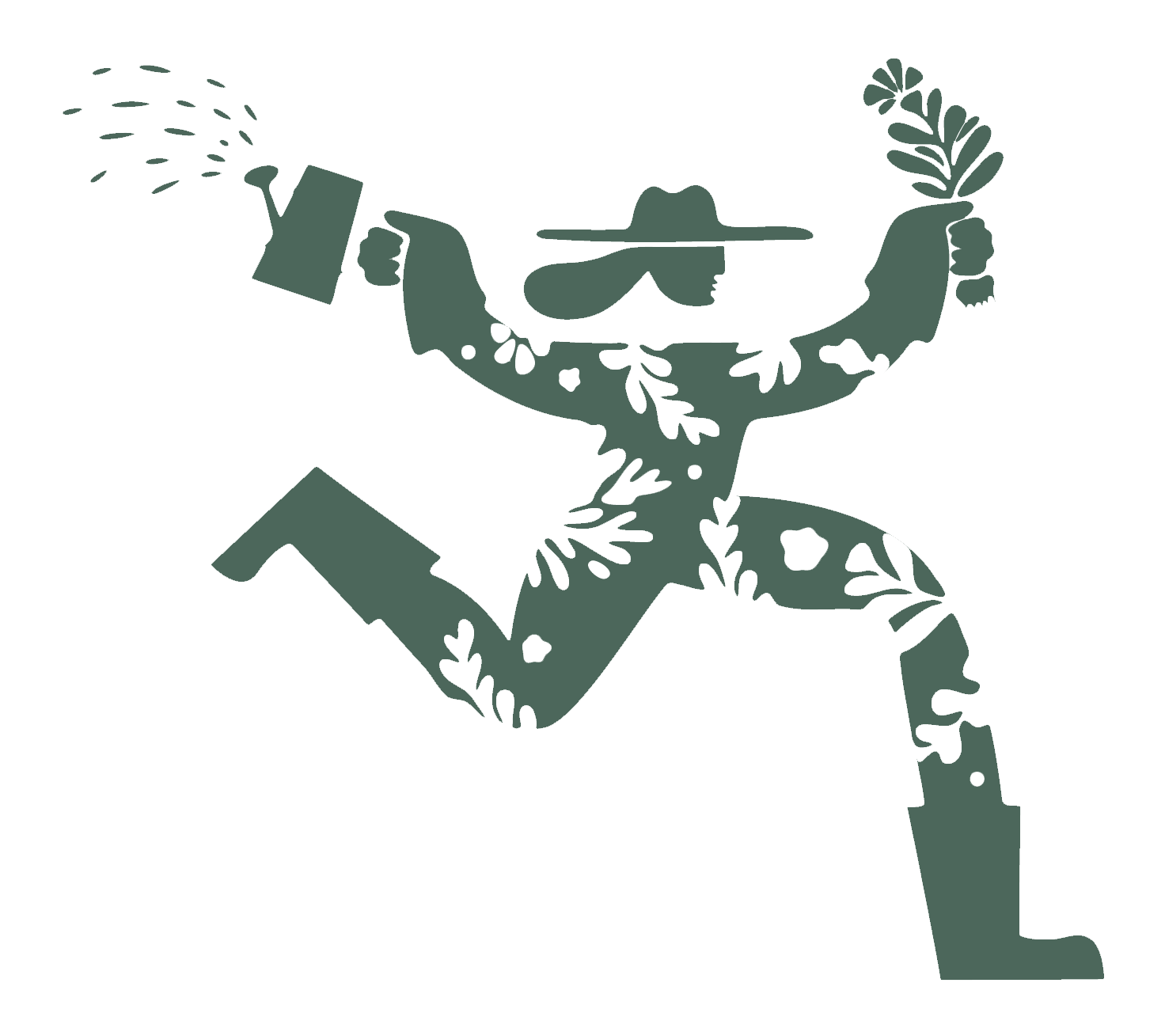 A stylized figure resembling the state of New Mexico with a wide-brimmed hat, sunglasses, and a mustache, holding a watering can and a plant leafy branch, with one leg lifted as if walking.