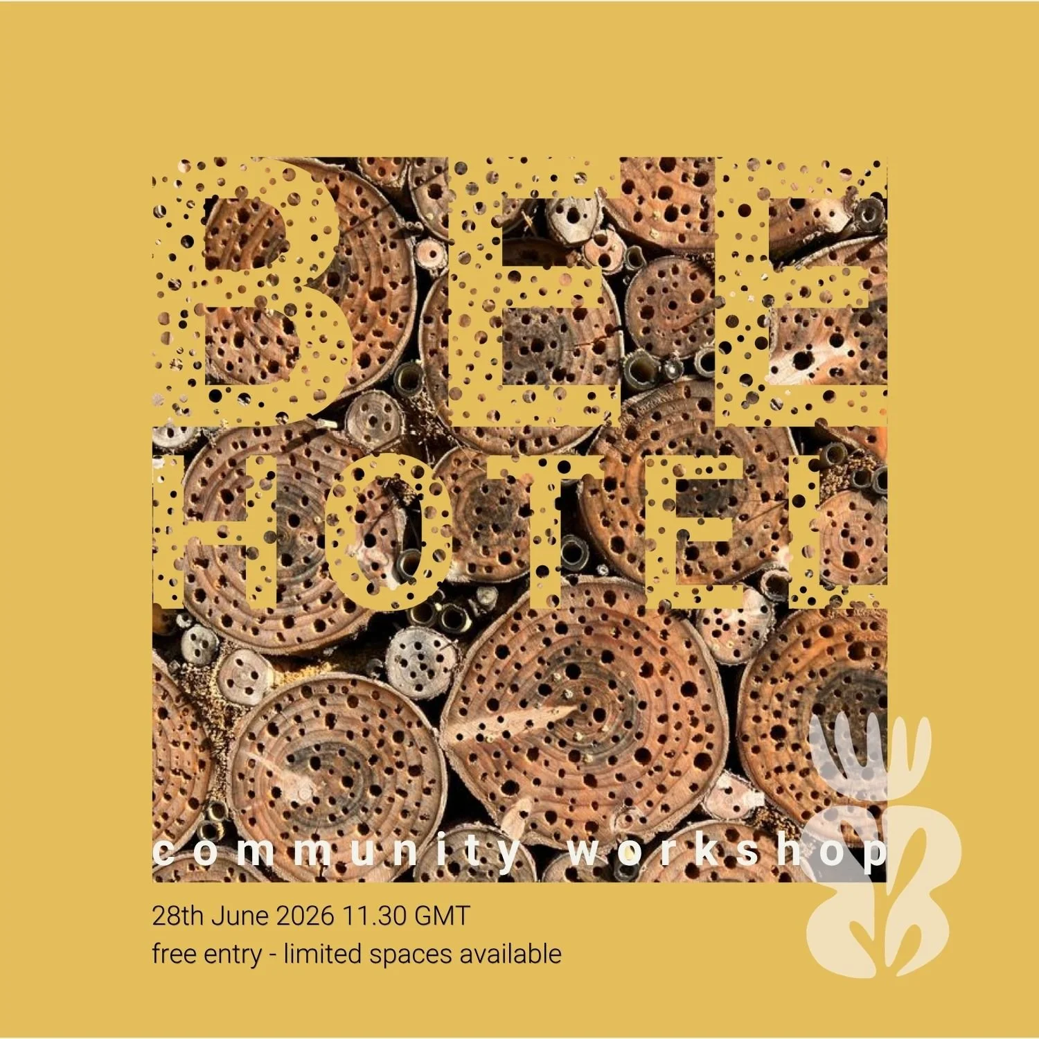 Poster for Bee Love community workshop featuring an image of bee hives and honeycomb patterns, with event details including date, time, and free entry.