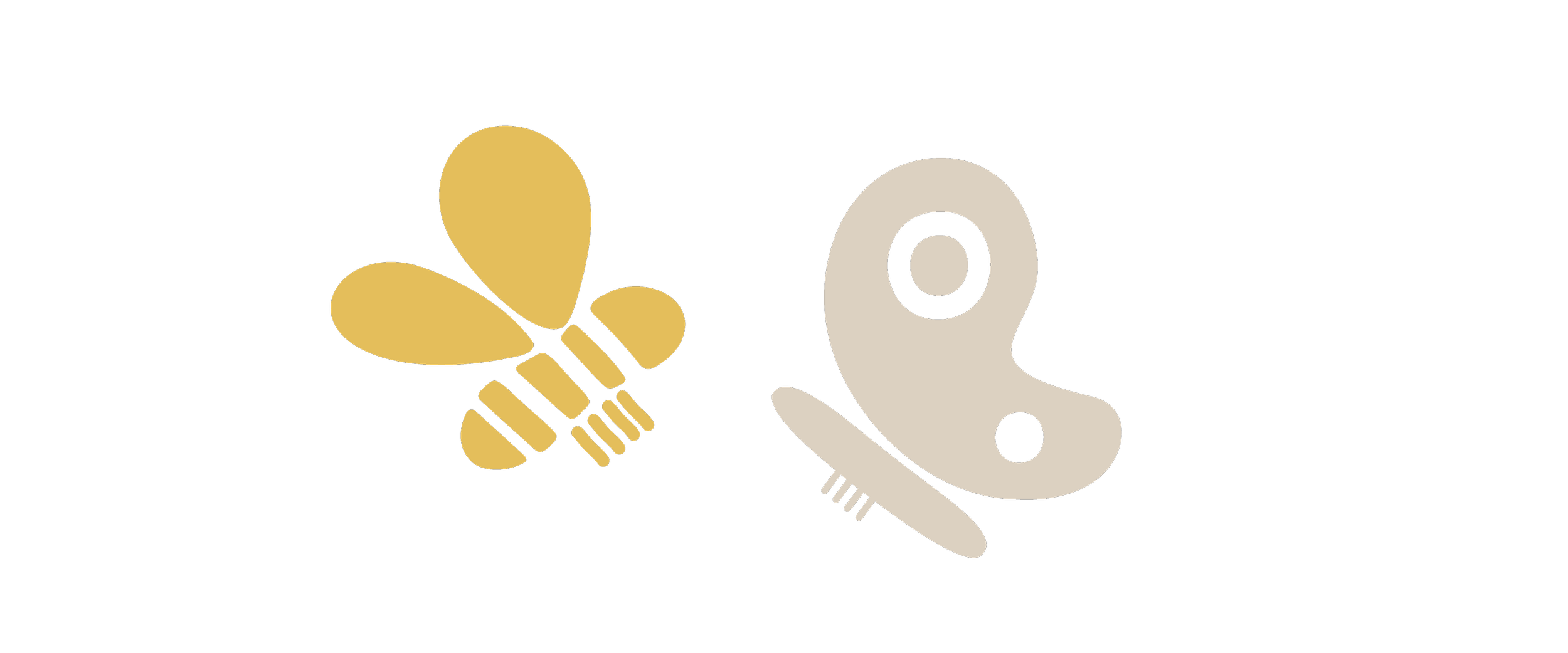 A graphic logo with a yellow bee on the left and a beige worm on the right, both stylized and simplified, against a black background.