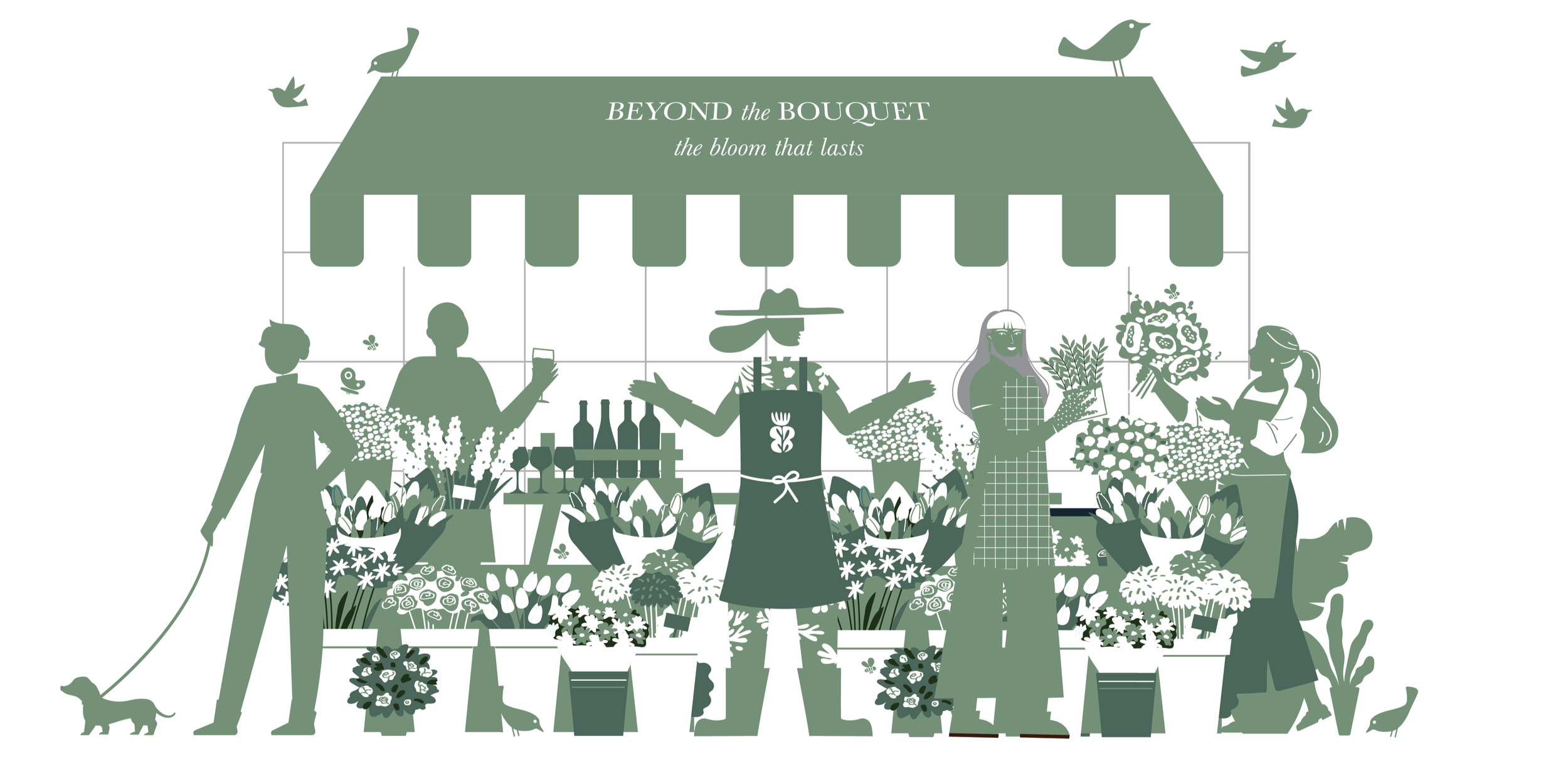 Illustration of a flower market stand with three women behind it, selling various flowers. One woman in the center is wearing a large hat and an apron with a plant logo. Two women on either side are chatting and holding bouquets. Other people, birds flying above, and dogs walking around the market are depicted.
