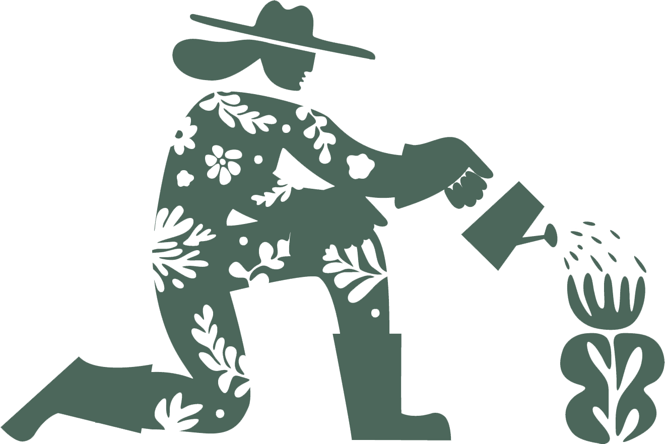Silhouette of a woman wearing a wide-brimmed hat and a floral dress, watering a plant.