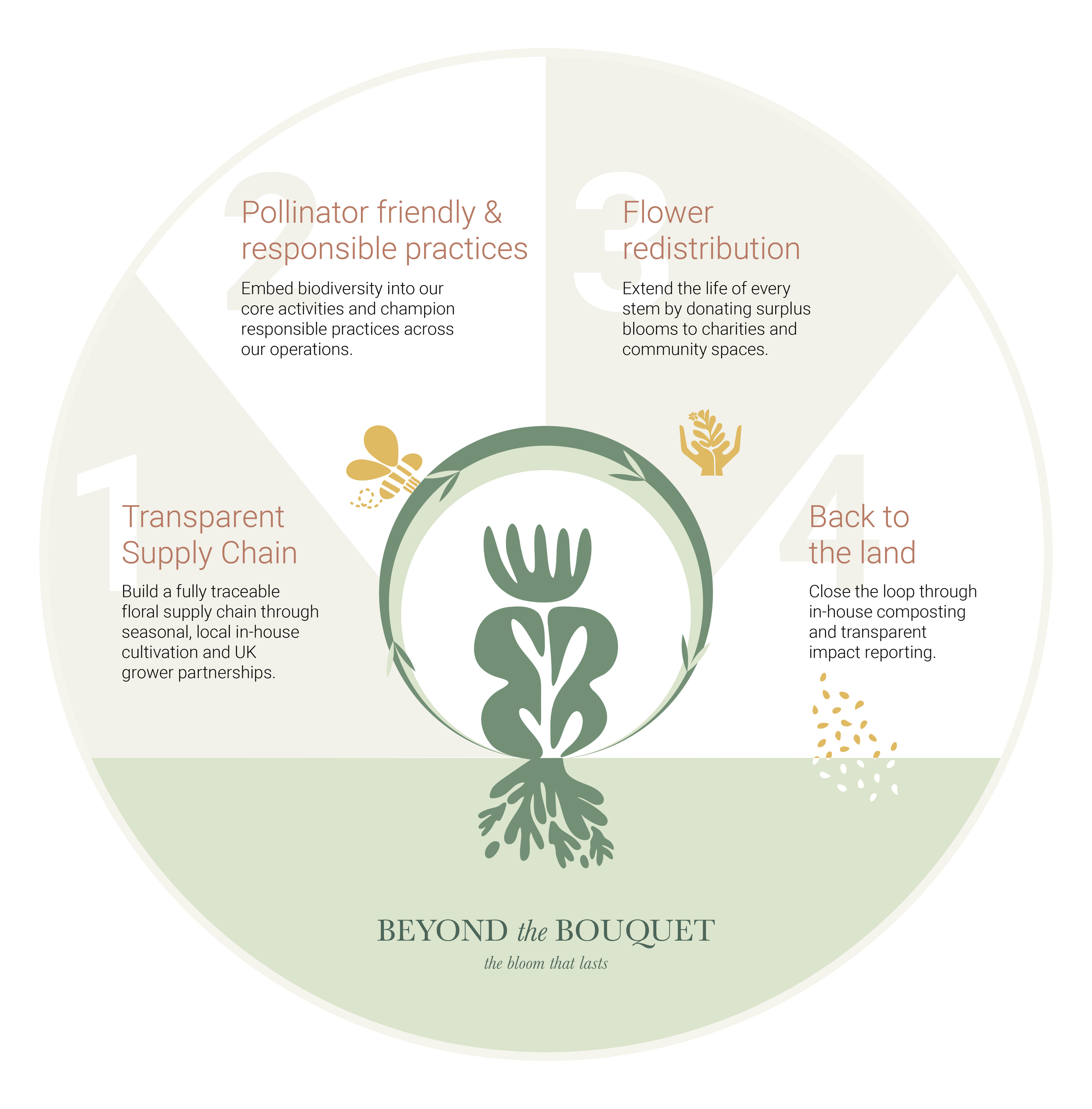 A circular infographic with a stylized green plant inside and text about sustainable practices in floral supply chain, flower redistribution, and in-house composting, with title 'BEYOND the BOUQUET' and tagline 'the bloom that lasts'.