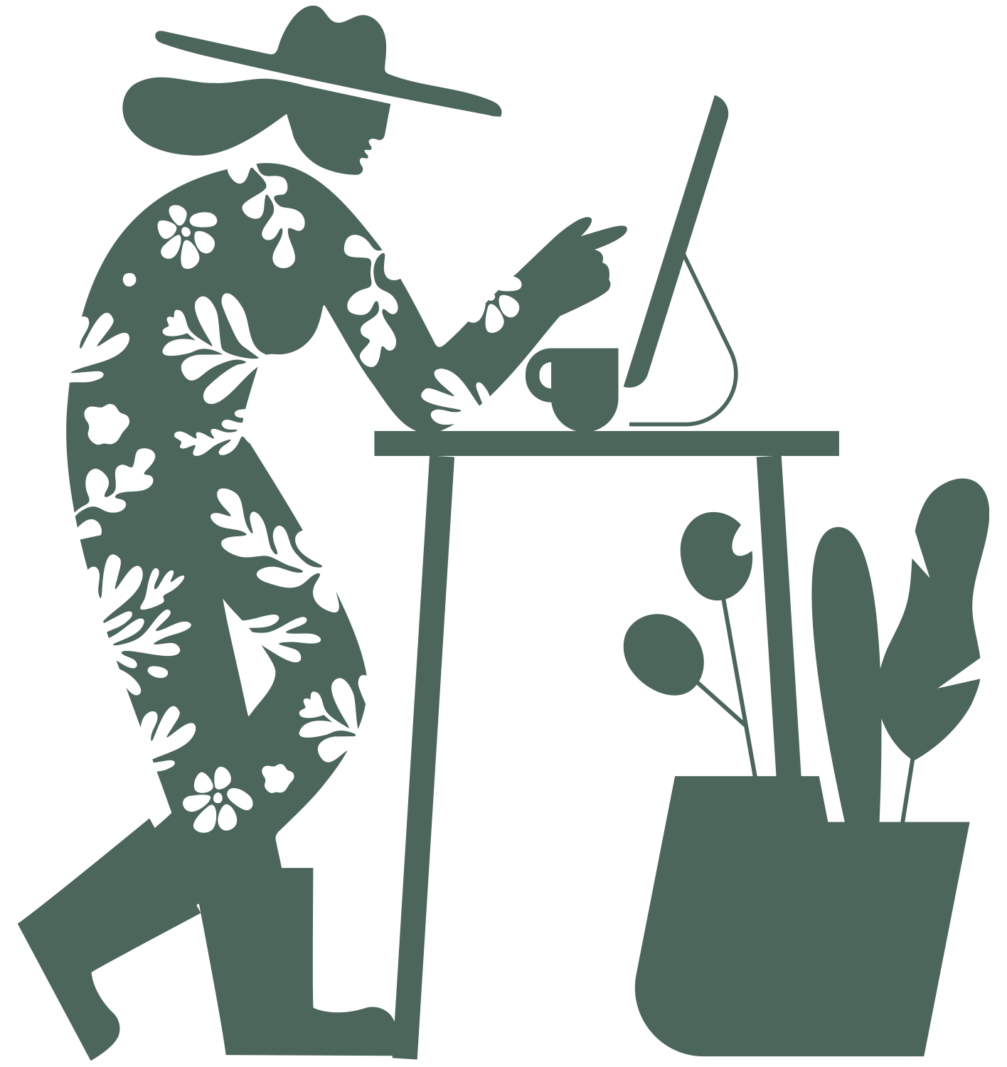 Silhouette of a woman wearing a wide-brimmed hat with floral patterns, using a laptop at a desk, surrounded by potted plants and a coffee mug.