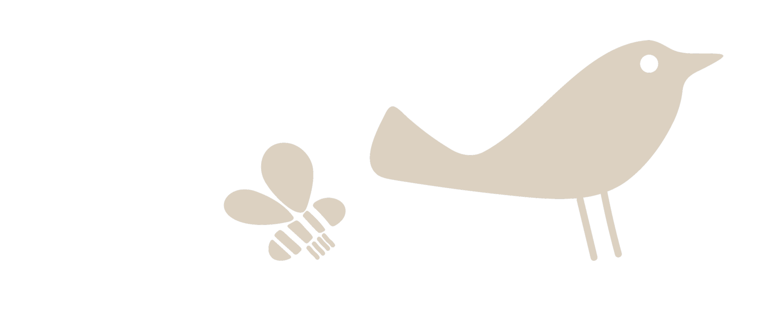 A minimalist graphic depicting a bird with a butterfly, both in beige color on a black background.