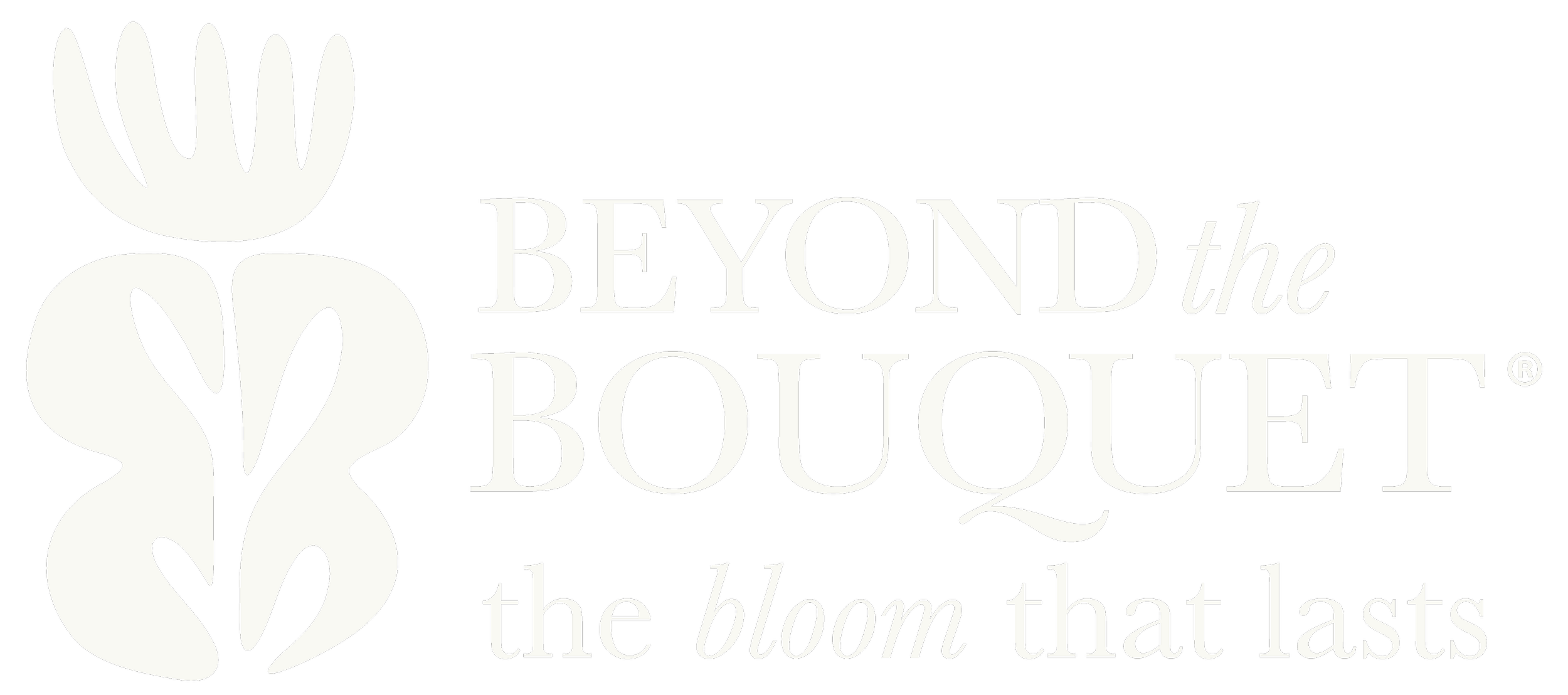 Logo for Beyond the Bouquet featuring stylized white floral design and the text 'Beyond the Bouquet' with a tagline 'the bloom that lasts' on a black background.