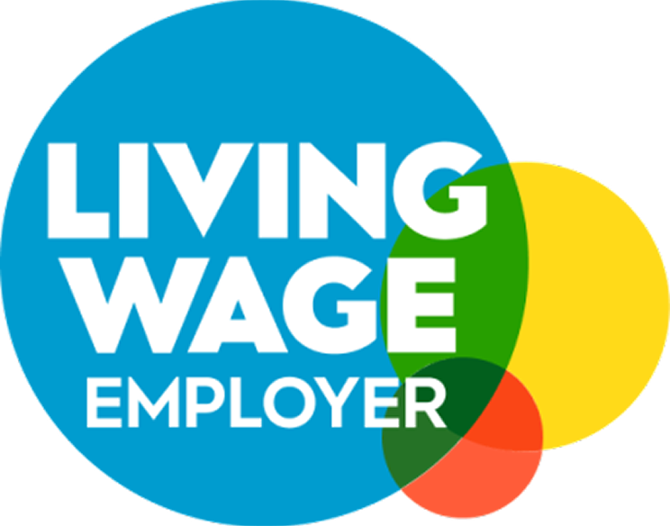 Logo with overlapping circles in blue, yellow, orange, green, and red. Text inside the blue circle reads "Living Wage Employer."