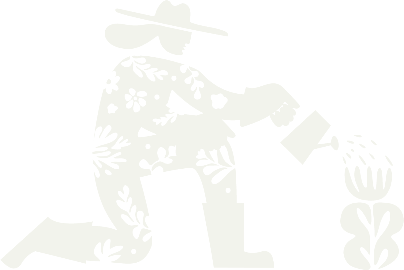 Silhouette of a woman wearing a hat and floral dress, watering a potted flower.