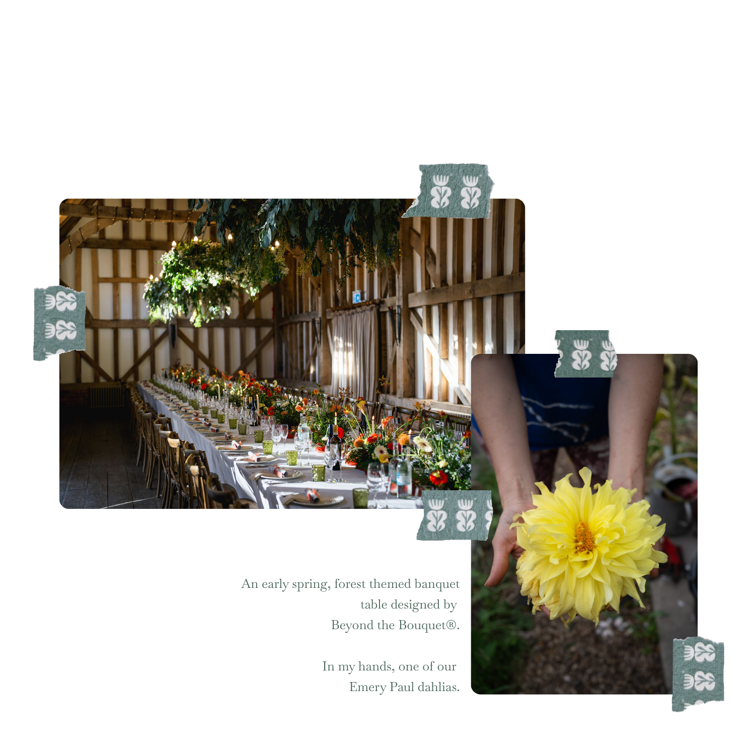 Decorated dining table inside a rustic barn with hanging greenery and string lights, set for an event.