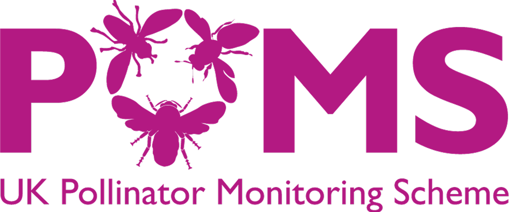 Logo with purple text and images of bees and a heart, reading 'POMS UK Pollinator Monitoring Scheme.'