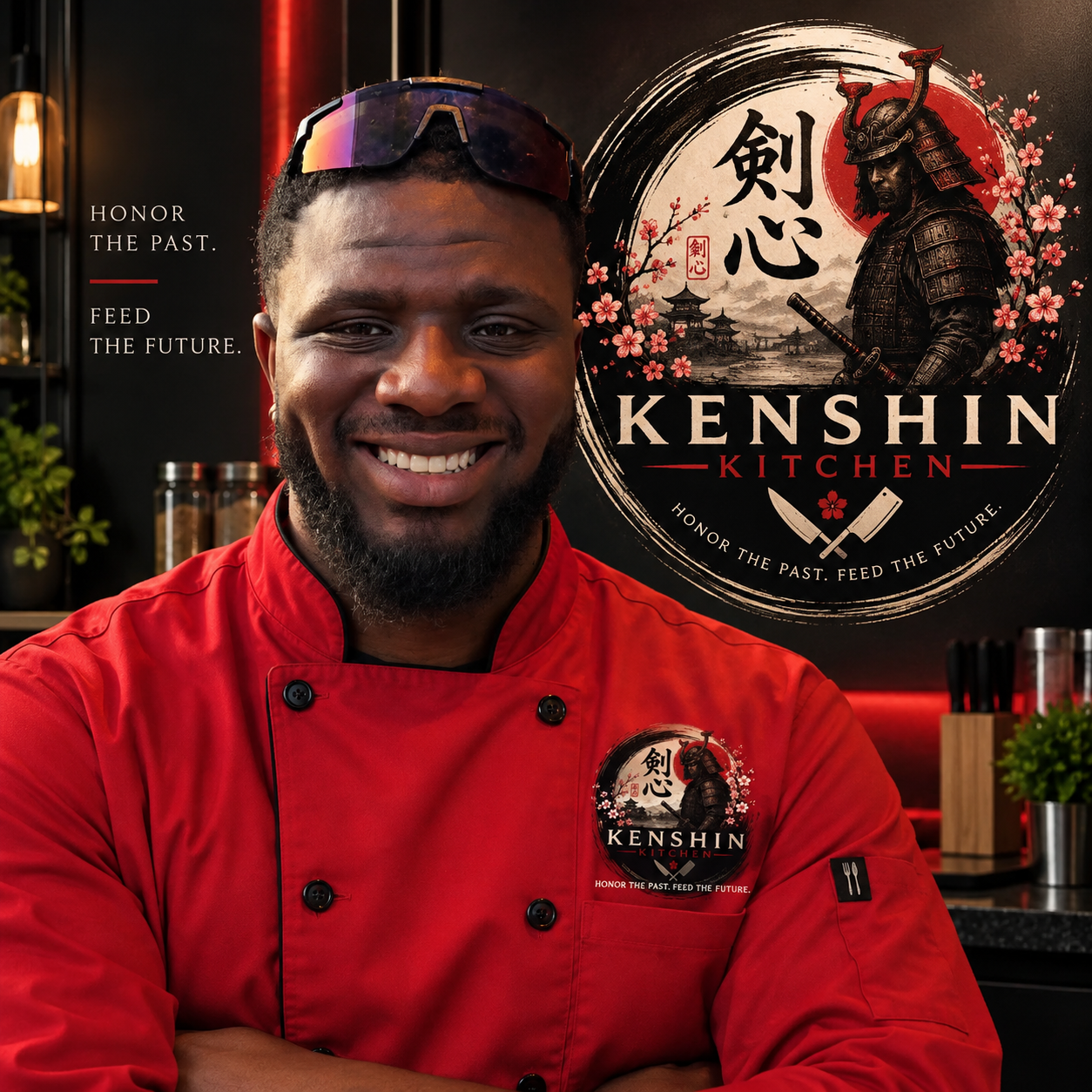 Smiling man wearing a red chef's jacket and sunglasses standing in front of a Kenshin Kitchen sign with a samurai warrior illustration and cherry blossoms, inside a modern restaurant.