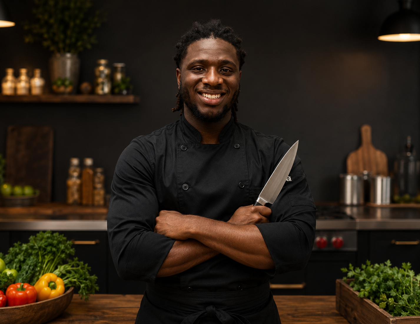 A smiling male chef standing in a kitchen, holding a knife, surrounded by fresh vegetables and herbs.