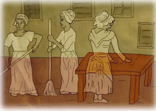 Four women in vintage style clothing cleaning a house, with one scrubbing a table, one sweeping, and two holding cleaning tools.