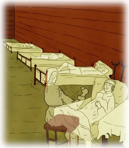 A line of people lying in beds, with one person sitting up and talking, inside a wooden-paneled room.