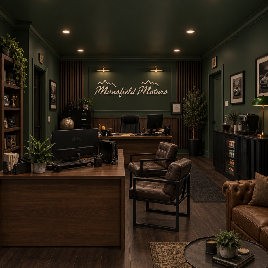 3D rendering of the Mansfield Motors waiting area with deep green walls, dark wood flooring and brown leather seating.