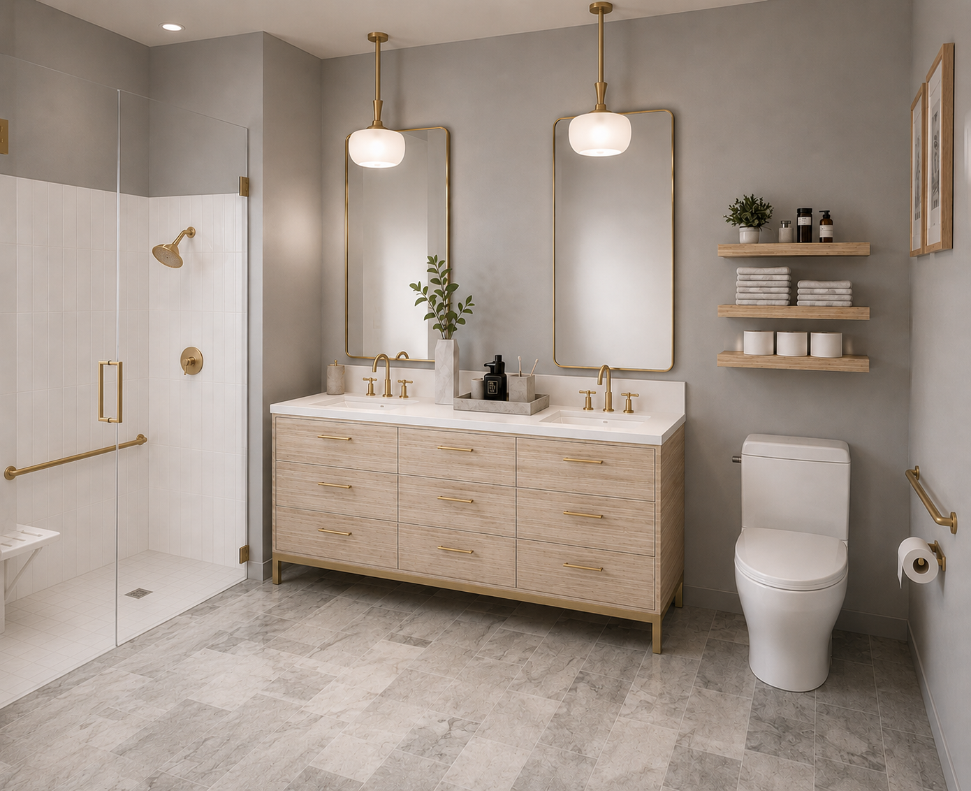 Aging-in-place bathroom design wit accessible features, double vanity and open shower by Robu Design.