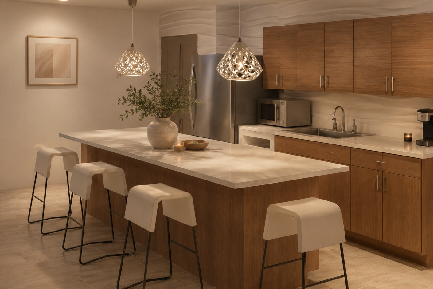 Modern kitchen with wooden cabinets, a large central island with a white marble countertop, four white bar stools with black metal legs, pendant lights, a vase with greenery, candles, a microwave, refrigerator, sink, and coffee machine.