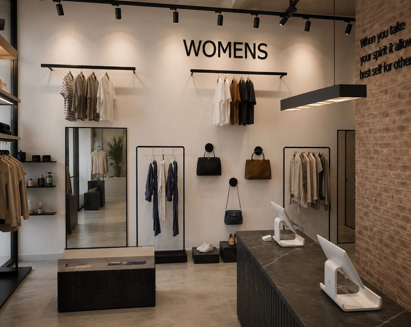 Women's clothing display in a modern retail store, with shirts and handbags on racks and hooks, a large mirror, and a check-out counter with card payment terminals.
