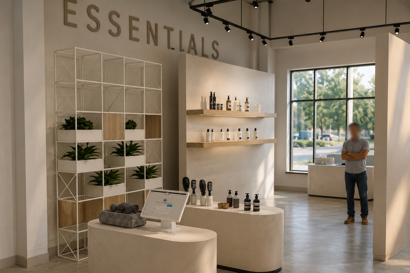 Interior of a modern retail store with a sign reading 'ESSENTIALS'. Display shelves with plants and skincare products, a counter with brushes and bottles, and a man standing near a large window.