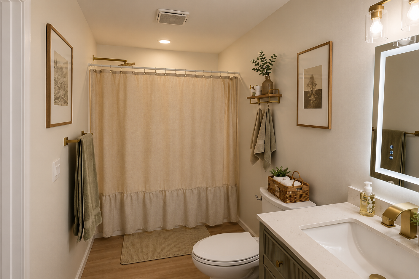 A clean and modern bathroom with a beige shower curtain, wooden accents, and green plants. Features include a vanity with a mirror, a sink with gold faucet, towel racks with towels, framed art on the walls, and a wicker basket on the toilet tank.