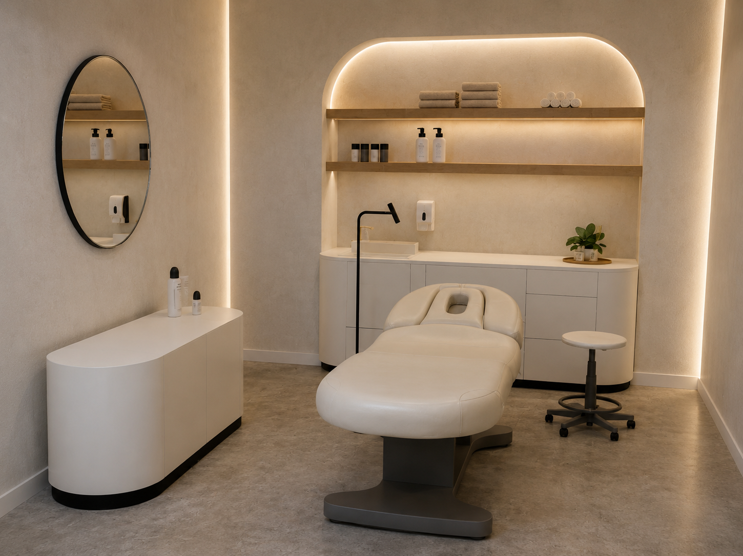 Minimalist medical treatment room with a white examination chair, a black floor lamp, white cabinetry, shelves with towels and products, a mirror, and soft ambient lighting.