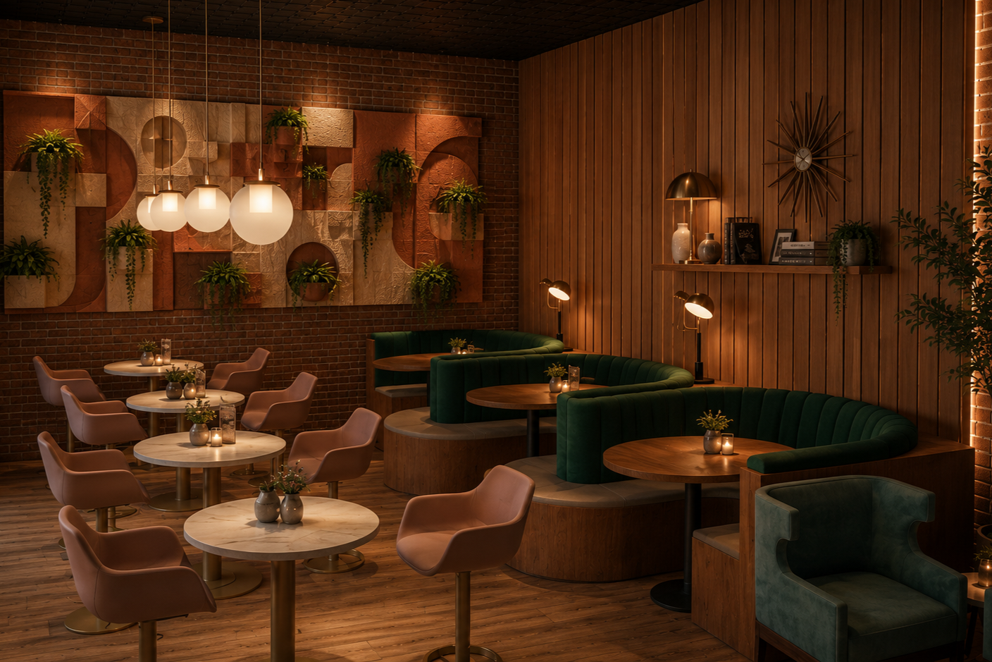 A cozy, stylish cafe or lounge area with pink and green seating, small round tables with vases, wall decor including plants and a clock, warm lighting, and wood paneling.