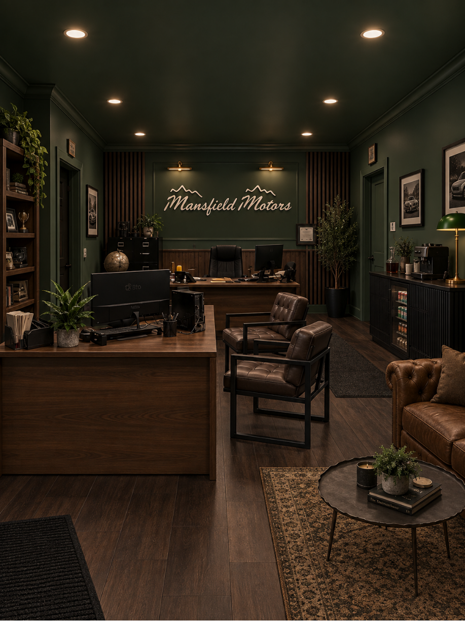 3D rendering of the Mansfield Motors dealership office with moody green walls, dark wood acoustic panels, leather seating and an illuminated logo wall.