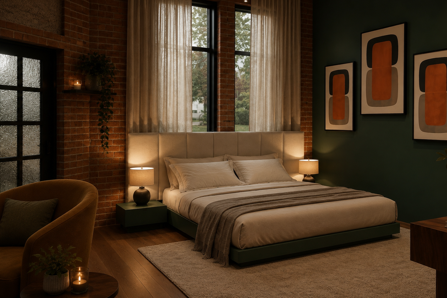 Cozy bedroom with brick and green walls, large windows with curtains,smart lighting, minimalist art, and modern furniture.