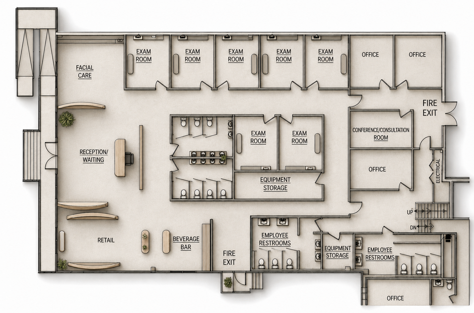 Interior space planning floor plan showing a functional commercial layout by Robu Design