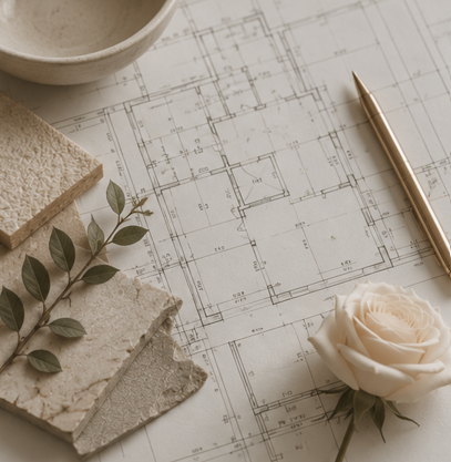 Architectural blueprint with sample fabric swatches, a white rose, and a pen on a table.