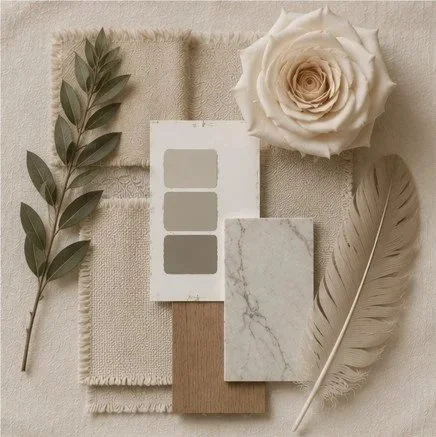 A flat lay of neutral-toned decor elements including a beige textured cloth, a small white paint sample card, a square marble tile, a wooden tile, a large white rose, a beige feather, and a sprig of green leaves.