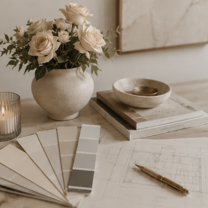 Interior design workspace with a vase of white roses, paint swatches, architectural sketches, a gold pen, and decorative bowls on a wooden surface.