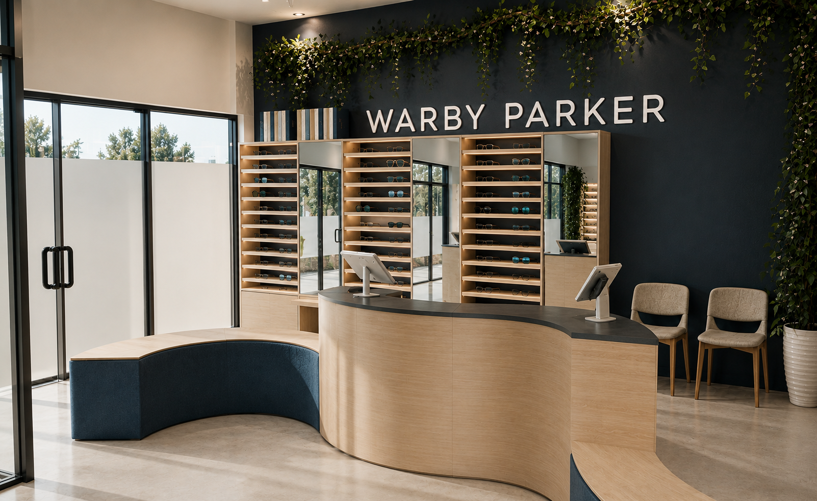 Inside an eye care store with a curved wooden checkout counter, chairs, and shelves filled with sunglasses. The store has a navy and light wood color scheme, with the name 'Warby Parker' displayed on the navy wall behind the shelves.