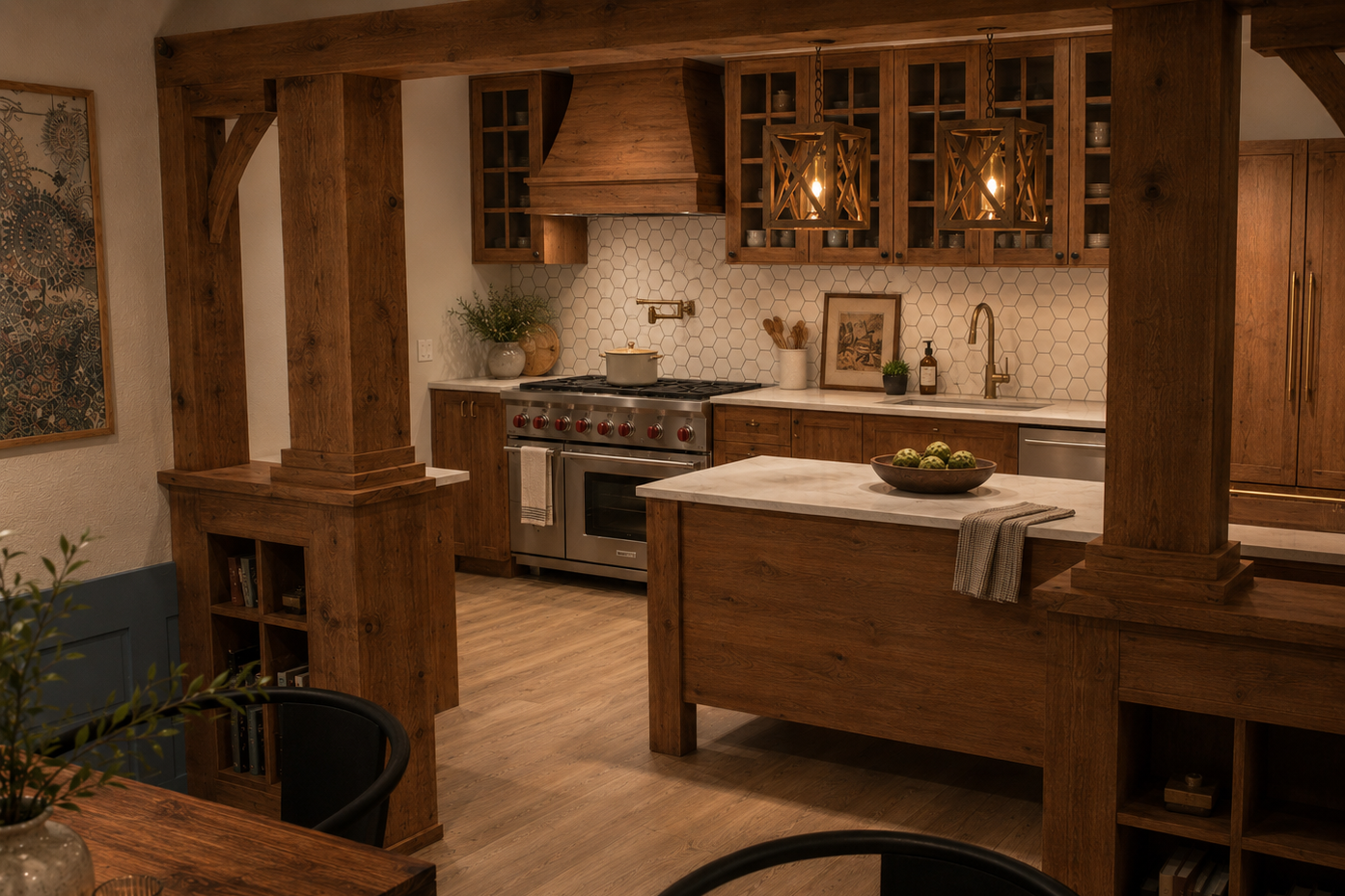 Kitchen with rustic wood cabinets, a stainless steel stove with red knobs, hexagonal tile backsplash, and a kitchen island with a bowl of green decorative balls.