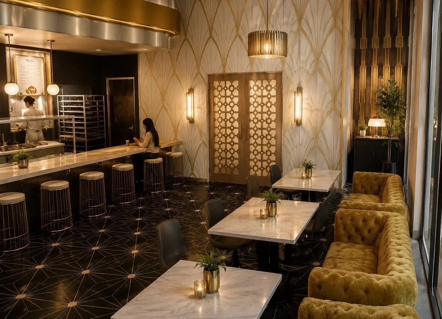 Elegant cafe interior with marble tables, mustard-colored tufted sofas, black chairs, decorative plants, and ornate lighting fixtures.