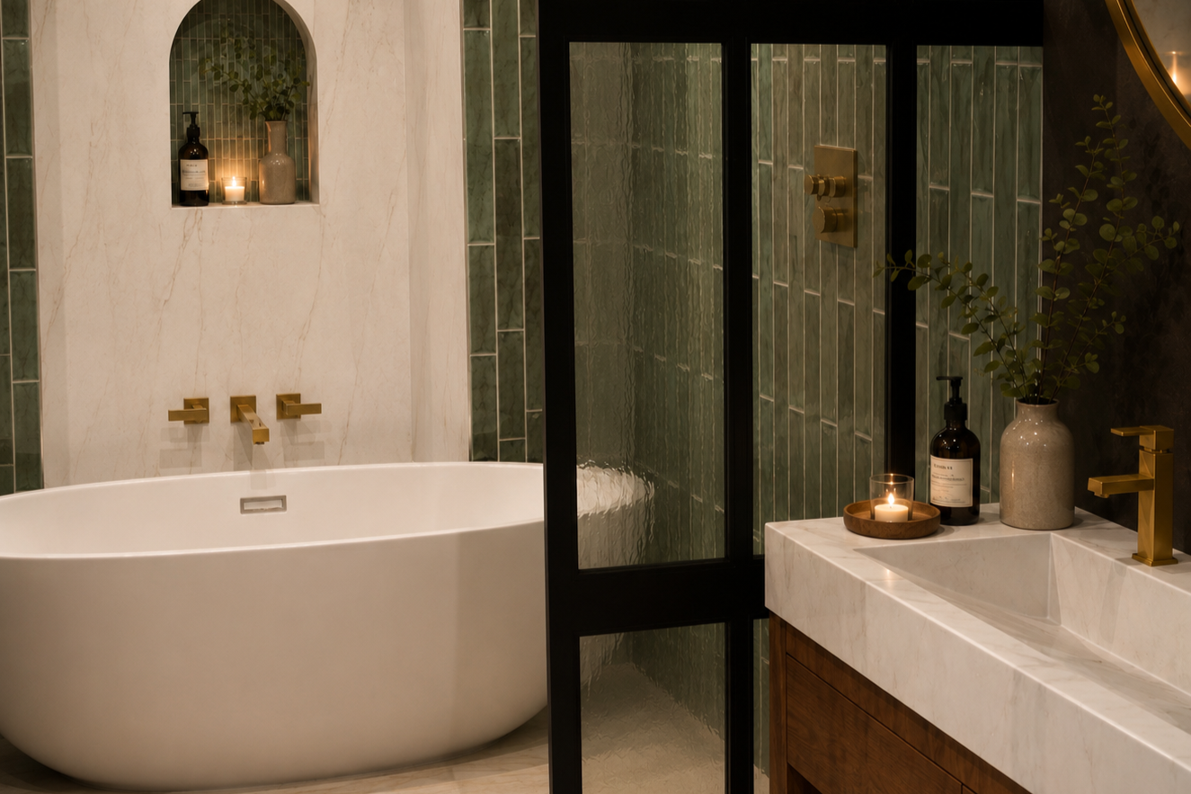 A modern bathroom featuring a white freestanding bathtub with gold fixtures, green tiled walls with a built-in niche holding candles and a plant, a marble vanity with a gold faucet, and a glass shower enclosure with gold fixtures. Decor includes candles, a dark soap dispenser, a ceramic vase with greenery, and a round mirror.